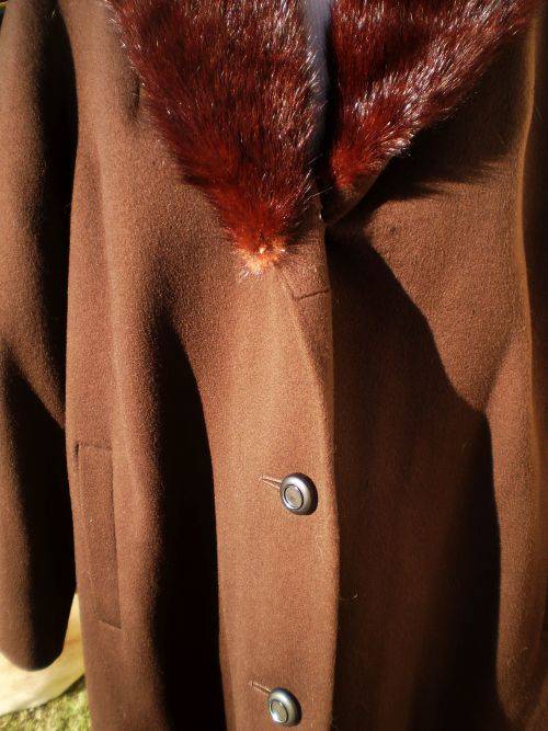 1960's Chocolate Brown Wool Coat with Large Mink Collar Excellent Condition size 14