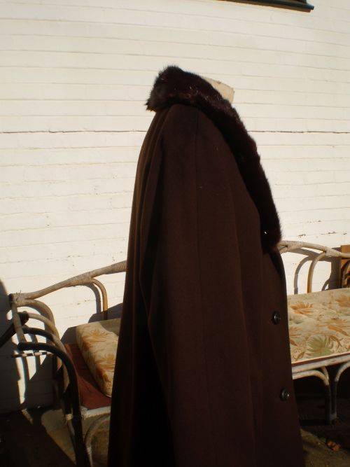 1960's Chocolate Brown Wool Coat with Large Mink Collar Excellent Condition size 14