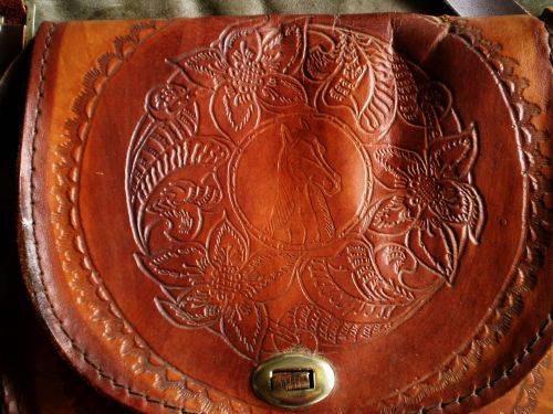 1970s Spanish Vintage Leather Hand Bag with horse and flower motif very good condition