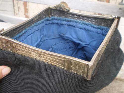 Antique French Black Art Nouveau Hand Bag With Metal Frame