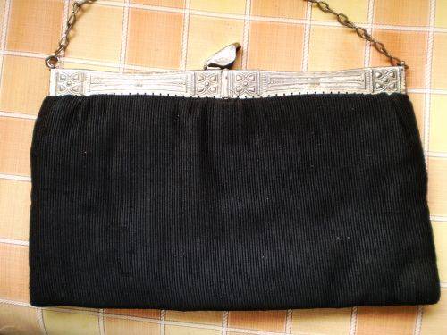 Antique French Black Art Nouveau Hand Bag With Metal Frame
