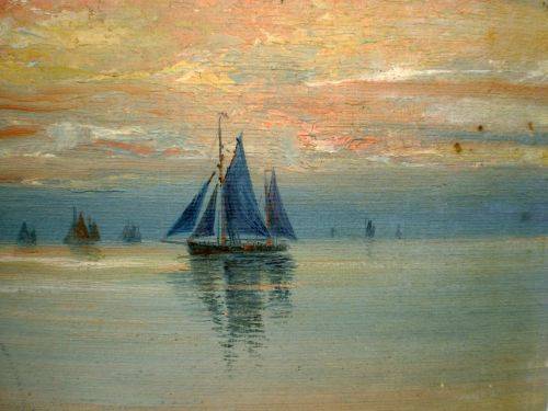 Antique Sailboats Sailing Into Sunset Oil Painting On Hardboard Signed
