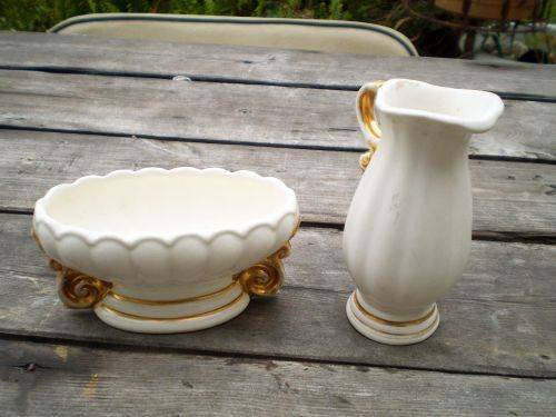 Wade Porcelain Set Of Cream White Small Vase And Jug With Gilt Decoration marked