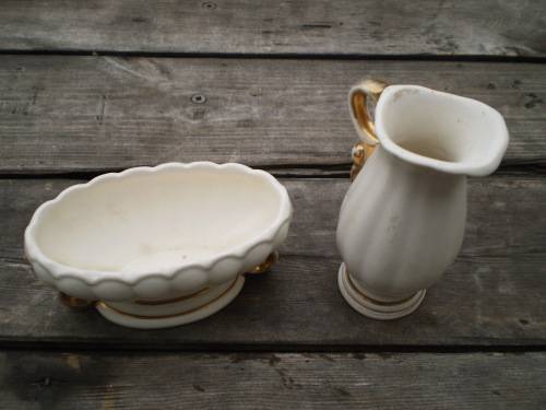 Wade Porcelain Set Of Cream White Small Vase And Jug With Gilt Decoration marked