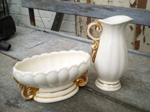 Wade Porcelain Set Of Cream White Small Vase And Jug With Gilt Decoration marked