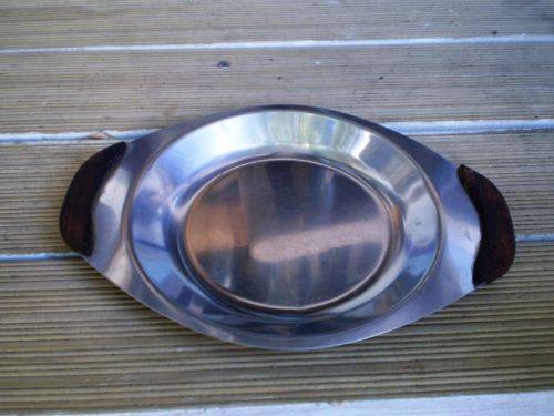 Mid Century Modern Danish Stainless Steel 18/8 Teak Wood Handle Round Serving Plate