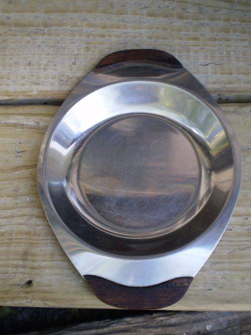 Mid Century Modern Danish Stainless Steel 18/8 Teak Wood Handle Round Serving Plate