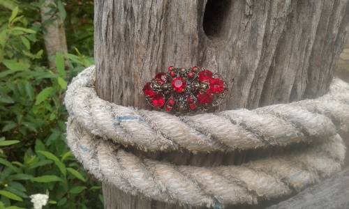 Antique Filigree Metal Brooch With Red Glass Stones 7cm width