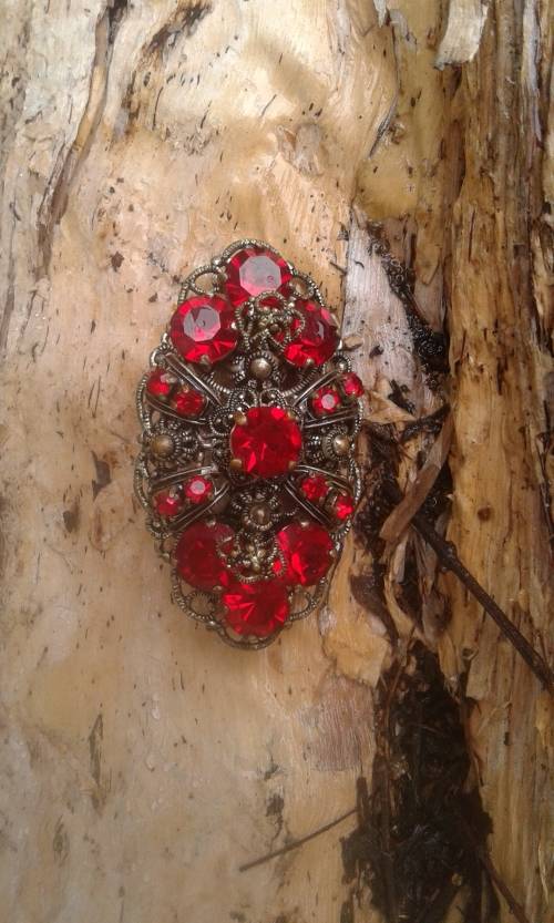 Antique Filigree Metal Brooch With Red Glass Stones 7cm width