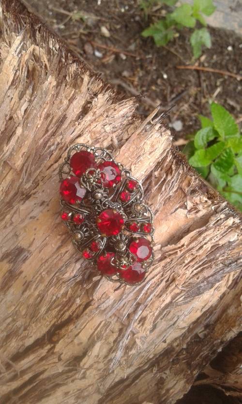 Antique Filigree Metal Brooch With Red Glass Stones 7cm width