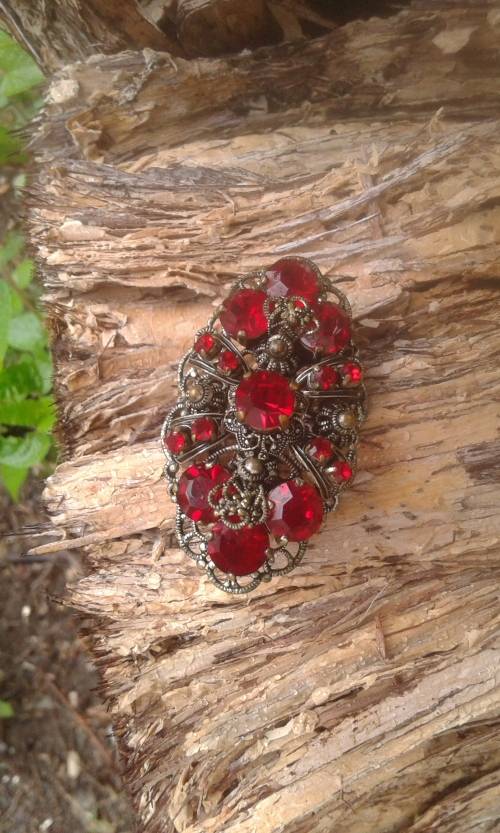 Antique Filigree Metal Brooch With Red Glass Stones 7cm width