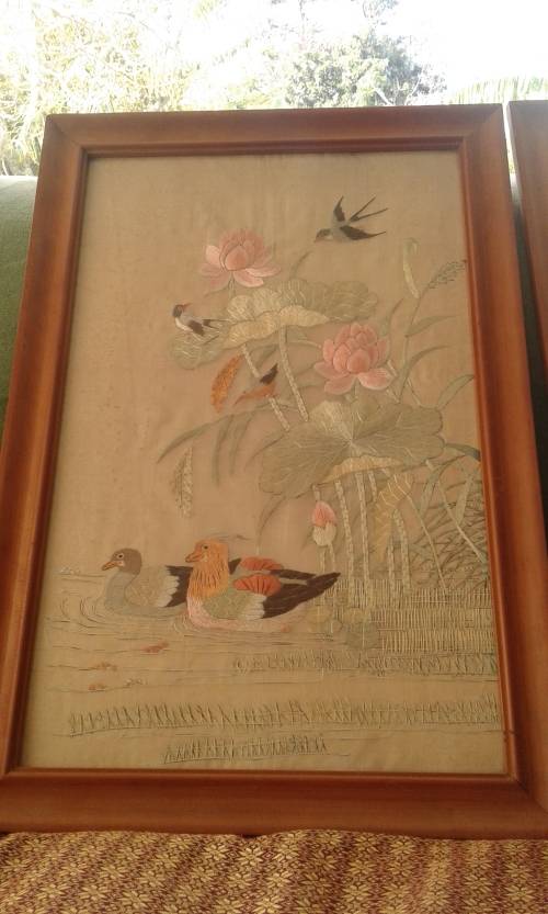 Set Of Two Art Deco Silk Embroidered Bird Pictures Framed Under Glass 1930s