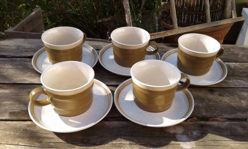 Set Of Japanese Brown Speckle Stoneware Country Manor 5 Cups And Saucers