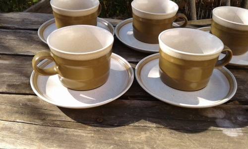 Set Of Japanese Brown Speckle Stoneware Country Manor 5 Cups And Saucers