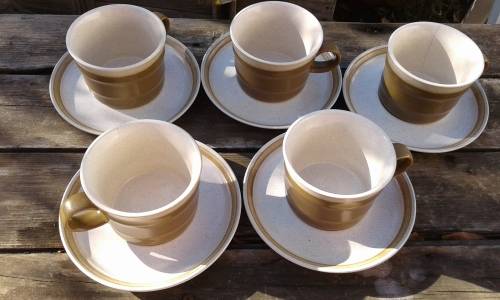 Set Of Japanese Brown Speckle Stoneware Country Manor 5 Cups And Saucers