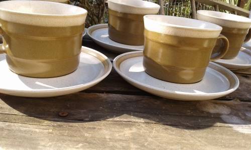 Set Of Japanese Brown Speckle Stoneware Country Manor 5 Cups And Saucers