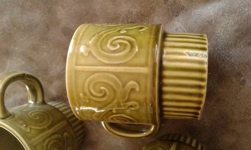 Vintage Mid Century Modern Green Japanese Stoneware Cups Mugs