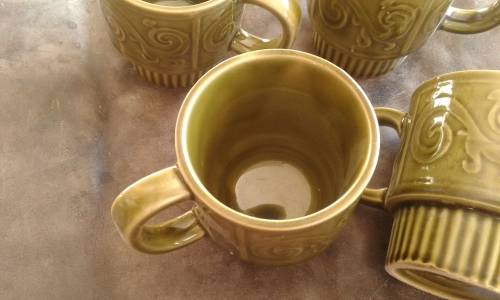 Vintage Mid Century Modern Green Japanese Stoneware Cups Mugs