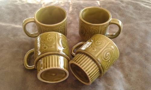 Vintage Mid Century Modern Green Japanese Stoneware Cups Mugs