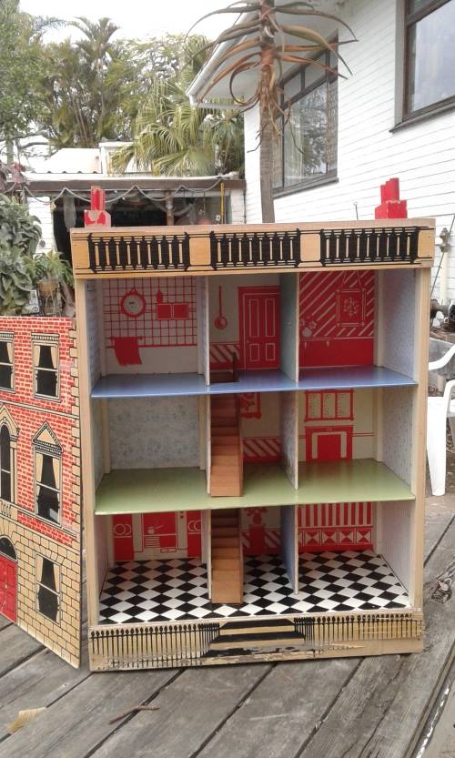 Antique Vintage Two Storey Wooden Doll House Front Slides To The Side