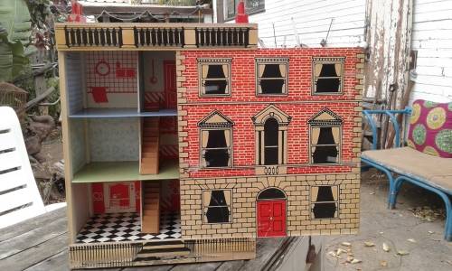 Antique Vintage Two Storey Wooden Doll House Front Slides To The Side
