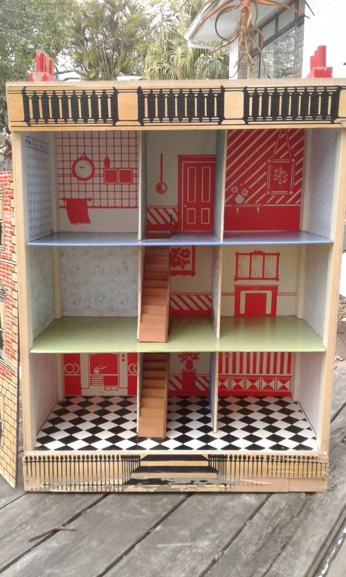 Antique Vintage Two Storey Wooden Doll House Front Slides To The Side