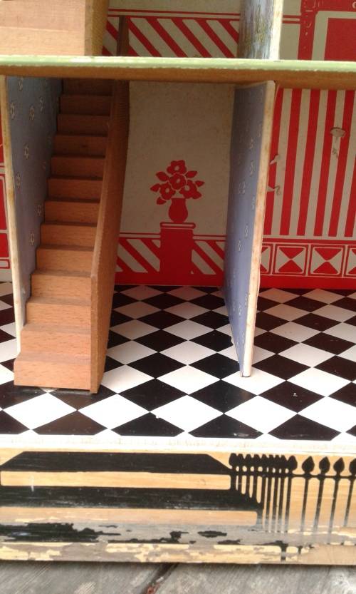 Antique Vintage Two Storey Wooden Doll House Front Slides To The Side