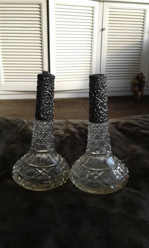 2 Antique Victorian Silver Mounted Cut Glass Oil And Vinegar Decanters