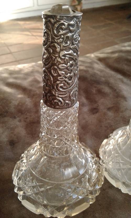 2 Antique Victorian Silver Mounted Cut Glass Oil And Vinegar Decanters