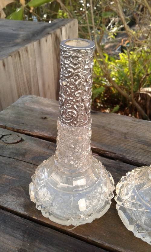 2 Antique Victorian Silver Mounted Cut Glass Oil And Vinegar Decanters