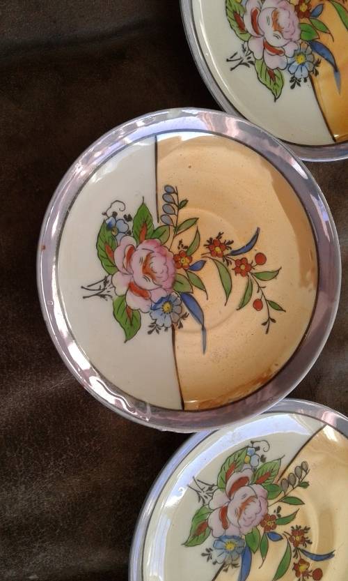 Set Of 5 Japanese Handpainted Lusterware Flower Tea Cup 4 Saucers