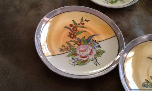 Set Of 5 Japanese Handpainted Lusterware Flower Tea Cup 4 Saucers