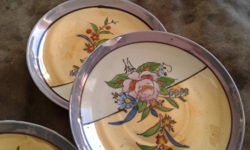 Set Of 5 Japanese Handpainted Lusterware Flower Tea Cup 4 Saucers