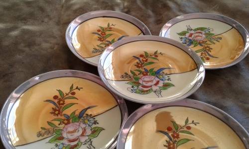 Set Of 5 Japanese Handpainted Lusterware Flower Tea Cup 4 Saucers