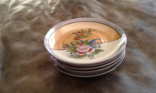 Set Of 5 Japanese Handpainted Lusterware Flower Tea Cup 4 Saucers