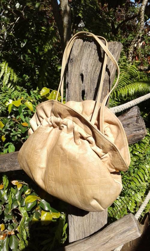 Vintage Genuine Beige African Buffalo Leather Handbag Bag