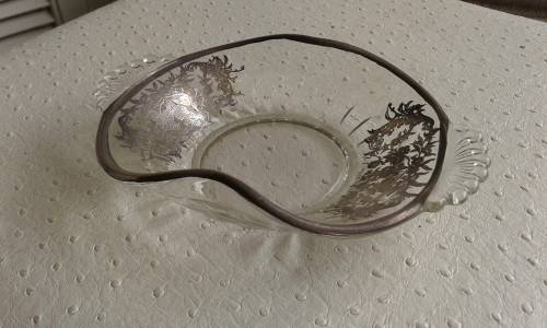 Vintage Glass Snack Bowl With Delicate Silver Plate Decoration