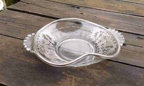 Vintage Glass Snack Bowl With Delicate Silver Plate Decoration