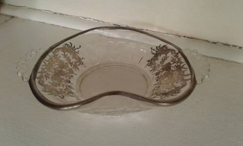 Vintage Glass Snack Bowl With Delicate Silver Plate Decoration