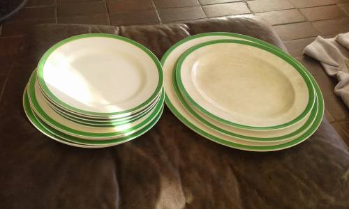 Queens Green Solianware Simpson`s Potteries Green Gold Rimmed Art Deco Dinner Set 13 Pieces