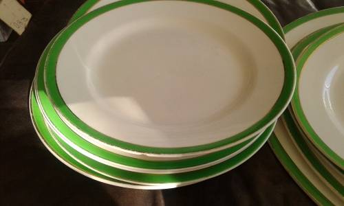 Queens Green Solianware Simpson`s Potteries Green Gold Rimmed Art Deco Dinner Set 13 Pieces