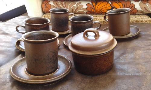 Arabia Ruska Set 5 Tea Cups Saucers And Sugar Bowl Finland Mid Century