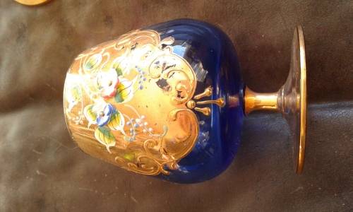 3 Exquisite Vintage Bohemian Gilded Glass Cognac Tumblers Glasses
