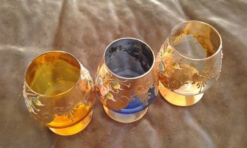 3 Exquisite Vintage Bohemian Gilded Glass Cognac Tumblers Glasses