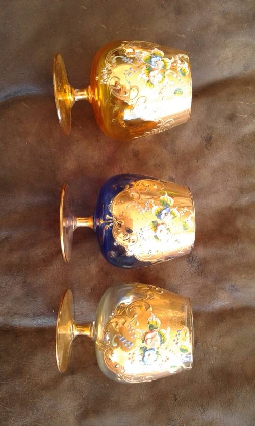 3 Exquisite Vintage Bohemian Gilded Glass Cognac Tumblers Glasses