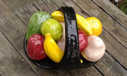 Unique And Striking Large Italian Murano Art Glass Fruit Basket A Cornucopia Of 9 Fruit Marked 1940s