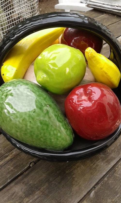 Unique And Striking Large Italian Murano Art Glass Fruit Basket A Cornucopia Of 9 Fruit Marked 1940s