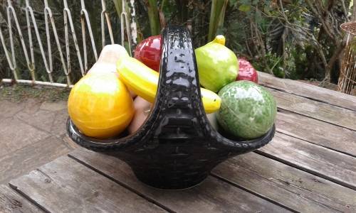Unique And Striking Large Italian Murano Art Glass Fruit Basket A Cornucopia Of 9 Fruit Marked 1940s