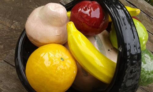 Unique And Striking Large Italian Murano Art Glass Fruit Basket A Cornucopia Of 9 Fruit Marked 1940s