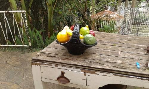 Unique And Striking Large Italian Murano Art Glass Fruit Basket A Cornucopia Of 9 Fruit Marked 1940s
